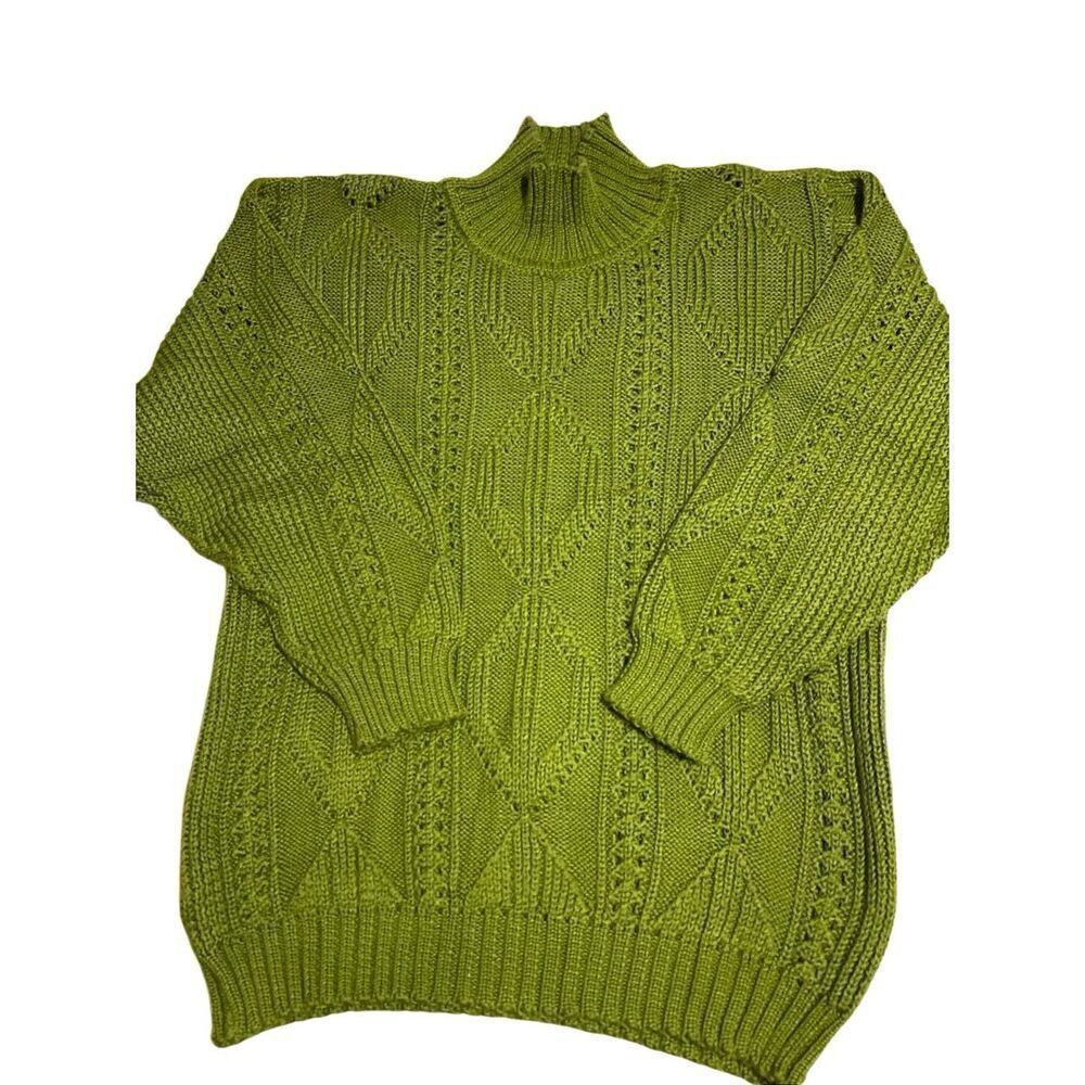 Olive Open Knit Heritage Cable Mockneck Sweater, OS. Balloonsleeves